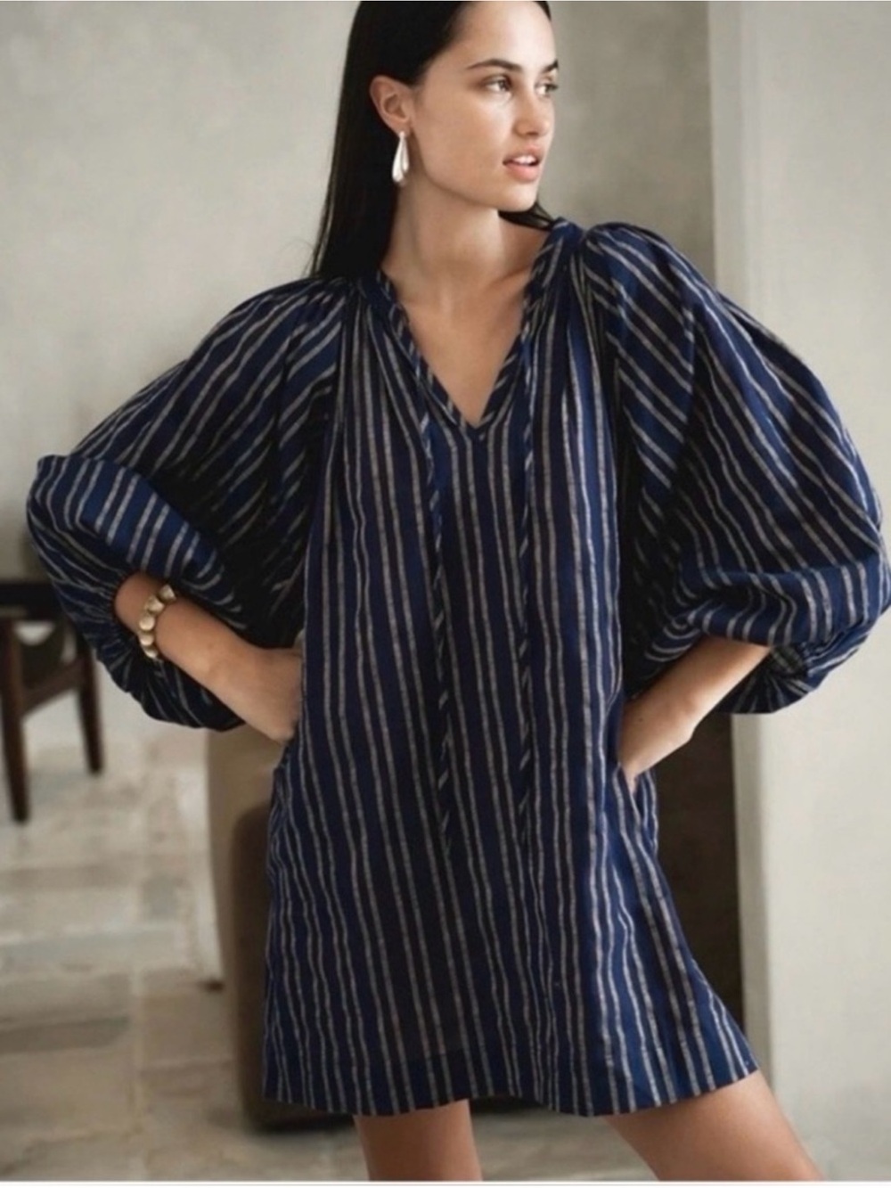 Daughters of India Navy Striped Puff-Sleeve Tunic